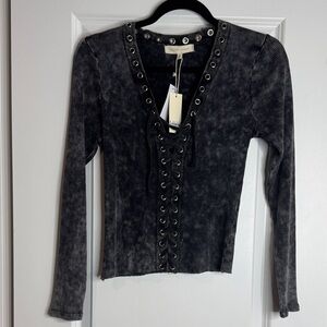 Gilded Intent Charcoal Lace-Up Long Sleeve Top